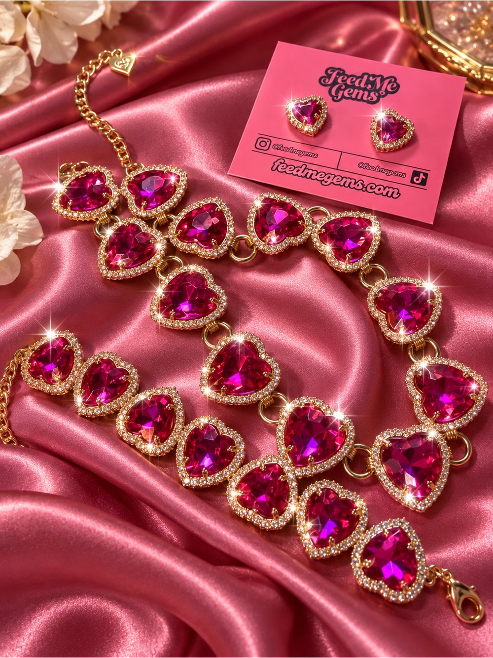 Feed Me Gems ROMEO TF20 Hot Pink Heart Crystal Necklace, Bracelet anEarrings Set